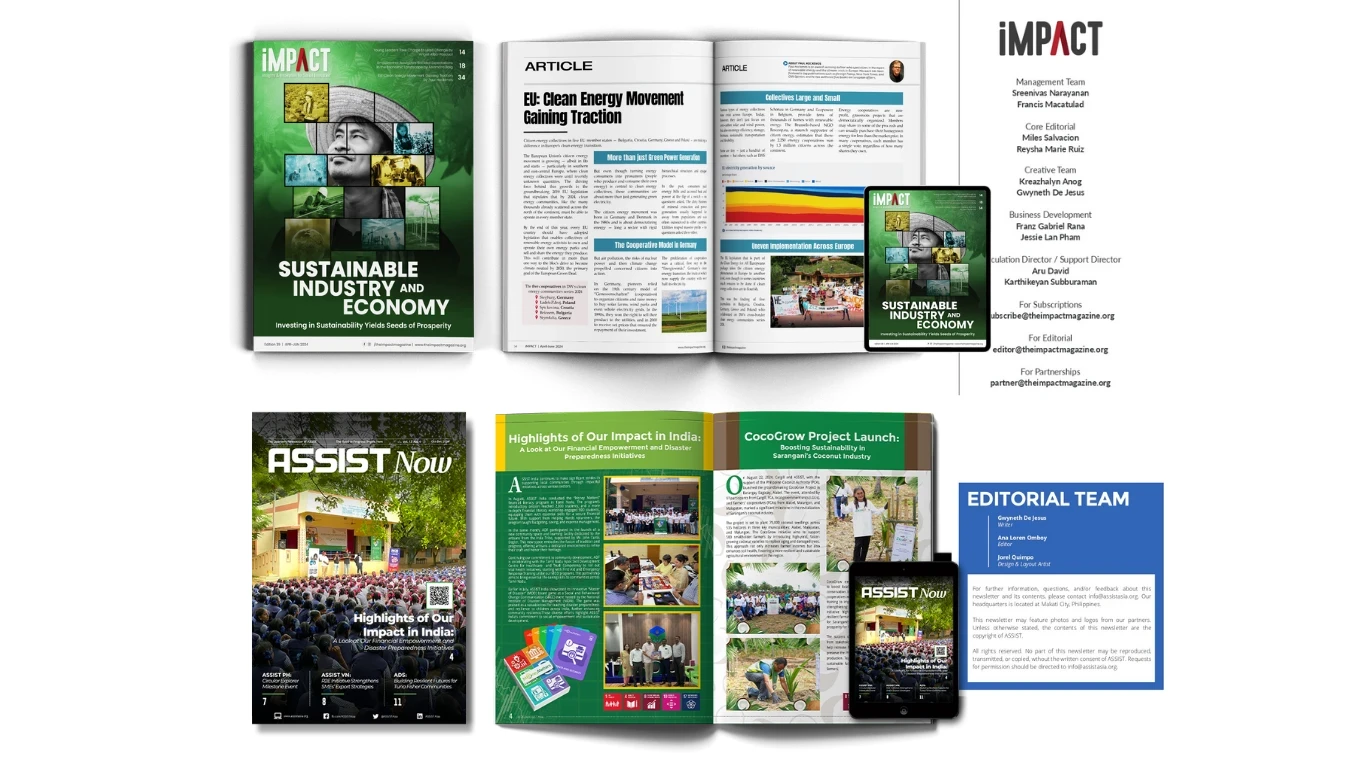 iMPACT magazine and ASSIST Now newsletter: covers, spreads, tablet editions, and mastheads crediting Gwyneth De Jesus (Creative Team, Writer)