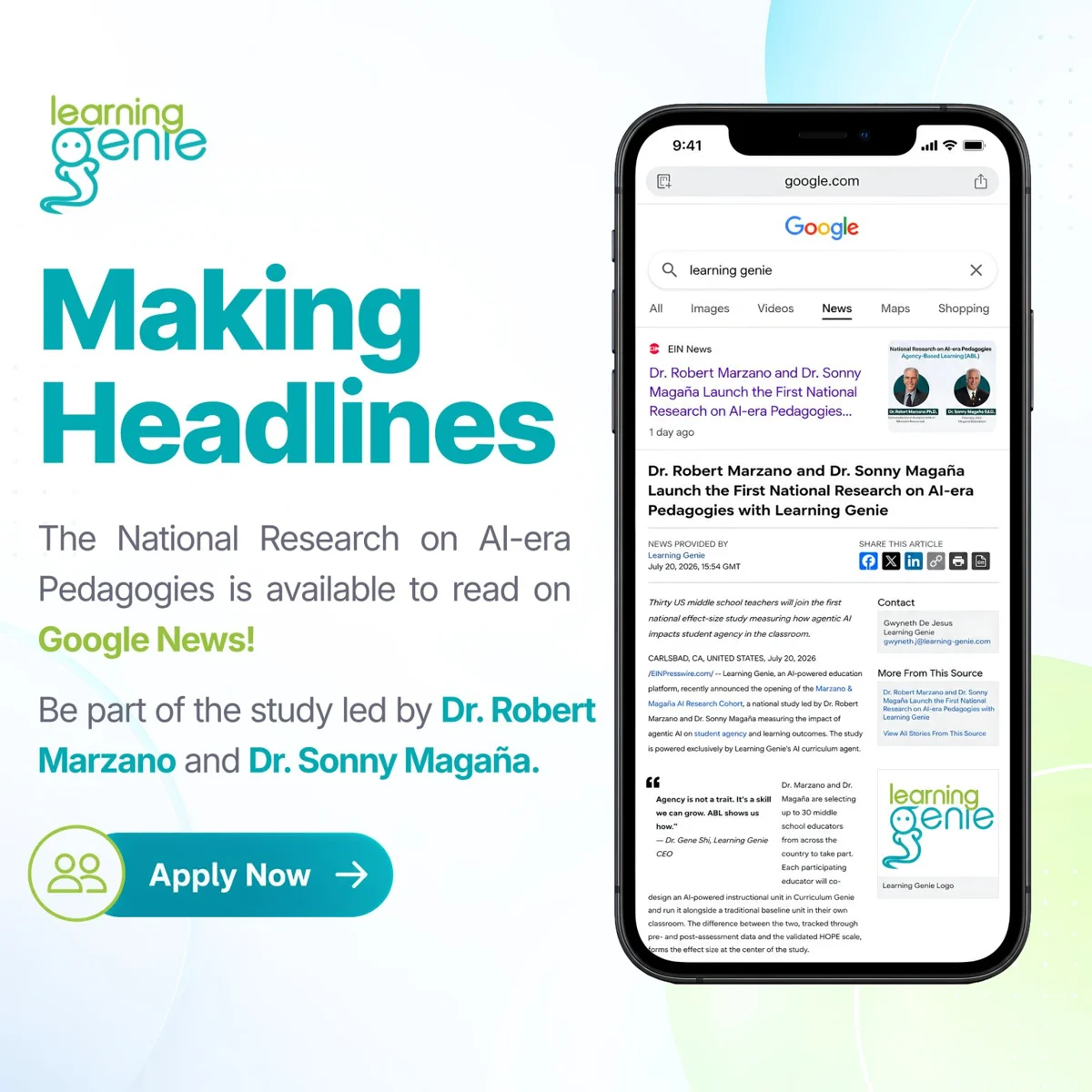 Making Headlines: the National Research on AI-era Pedagogies is on Google News, shown on a phone