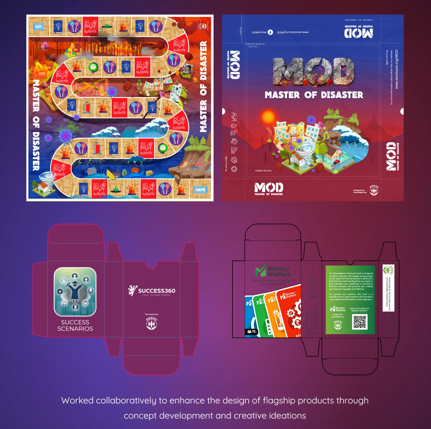 Master of Disaster game board and box, Success Scenarios card box and MoneyMatters flashcard box dielines