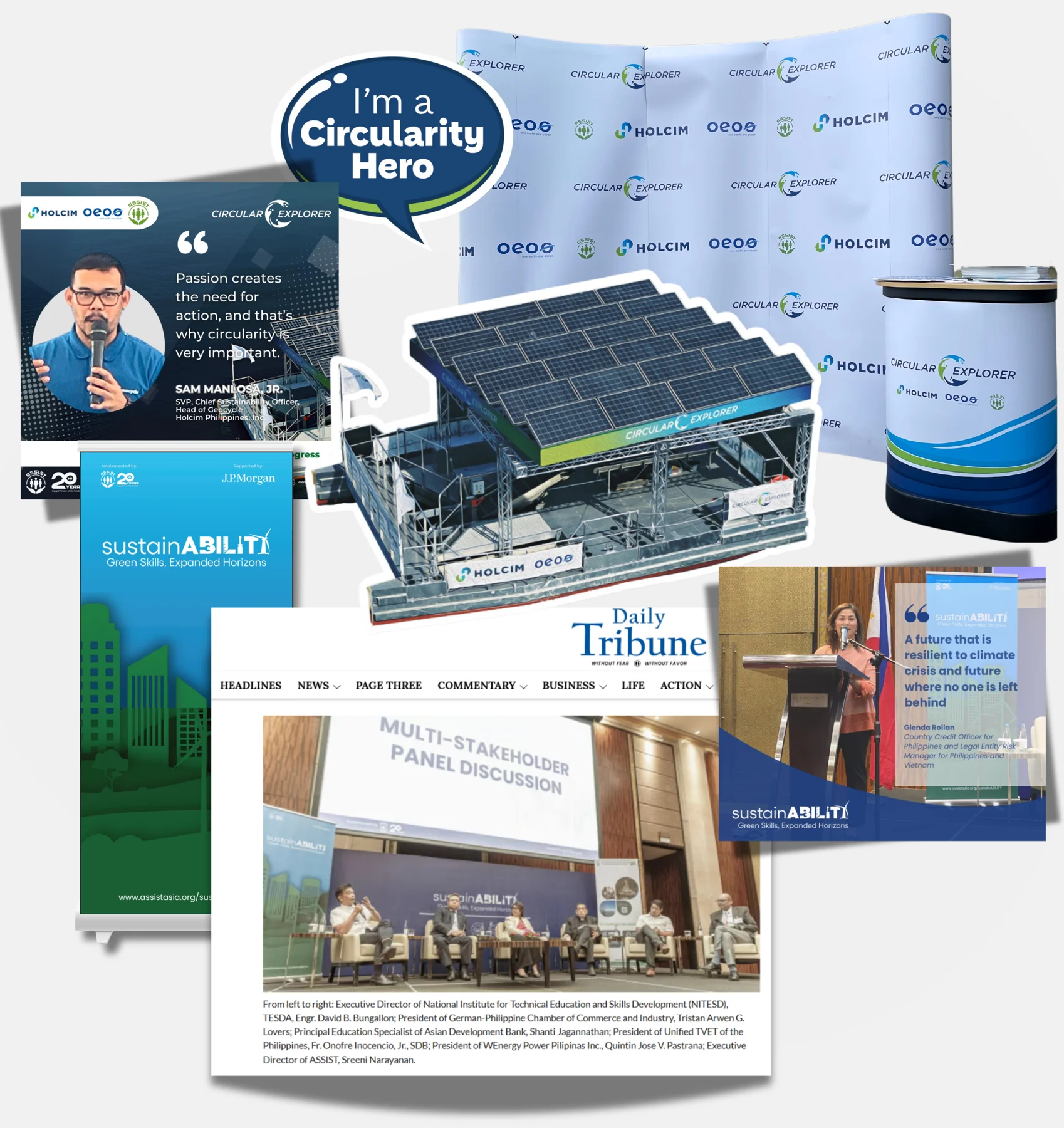 Event campaign collage: Circular Explorer speaker card, Circularity Hero badge, step-and-repeat backdrop, solar boat, booth counter, sustainABILITY standee, Daily Tribune coverage and speaker photo card