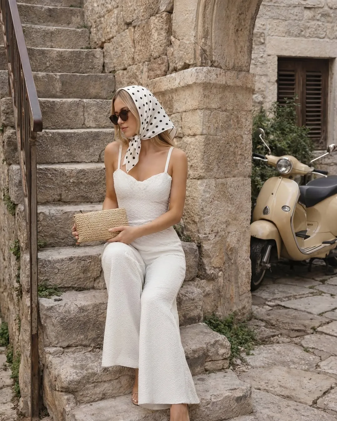 Editorial product image: white jumpsuit on stone steps