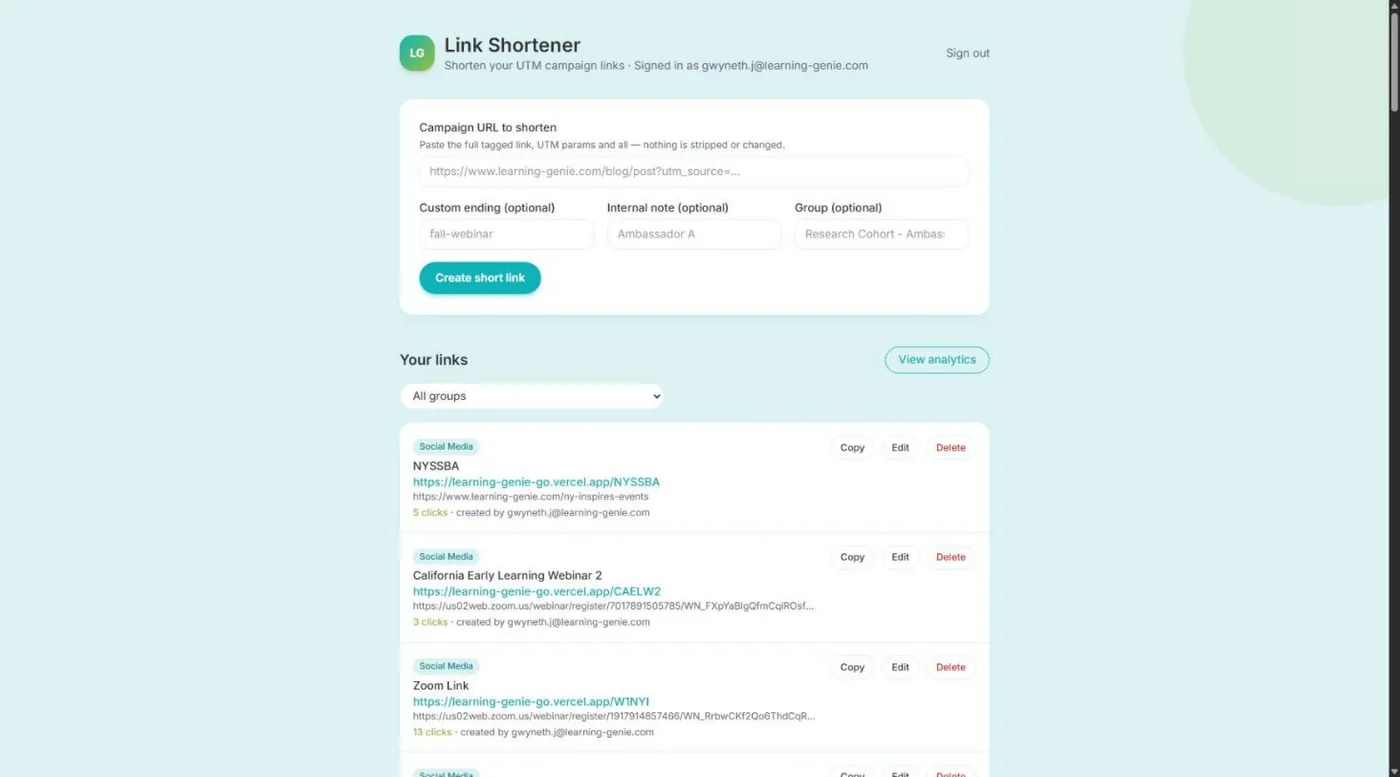 Inside the app: creating a short link and the list of campaign links with click counts